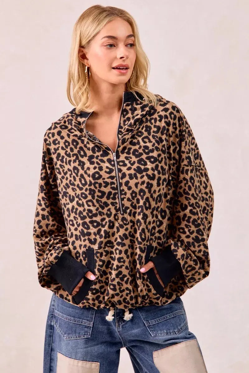 BiBi Leopard Print Waffle Half Zip Up Hoodie W Pocket  Style Ratio