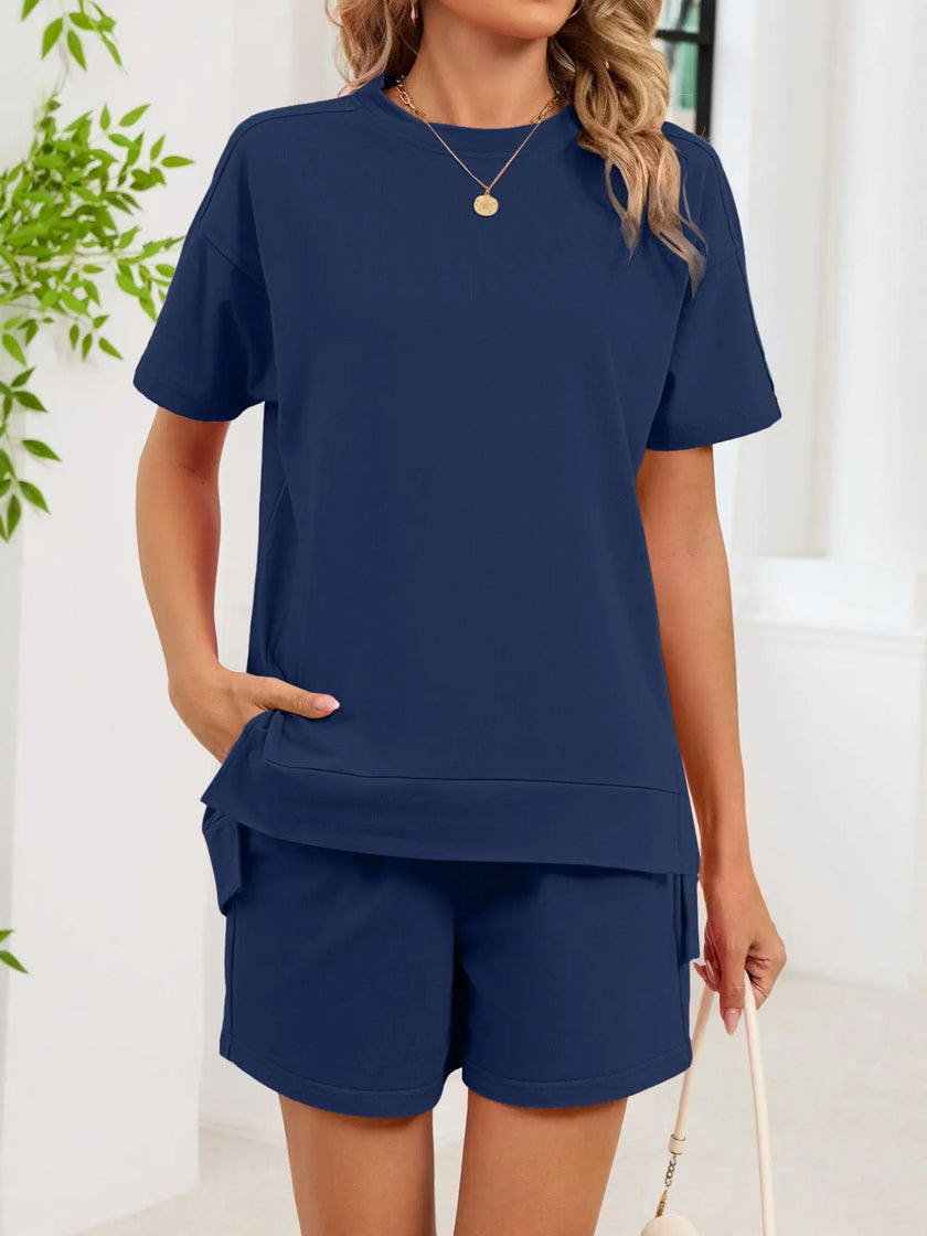 Round Neck Short Sleeve Shirt and Shorts Loungewear  Style Ratio