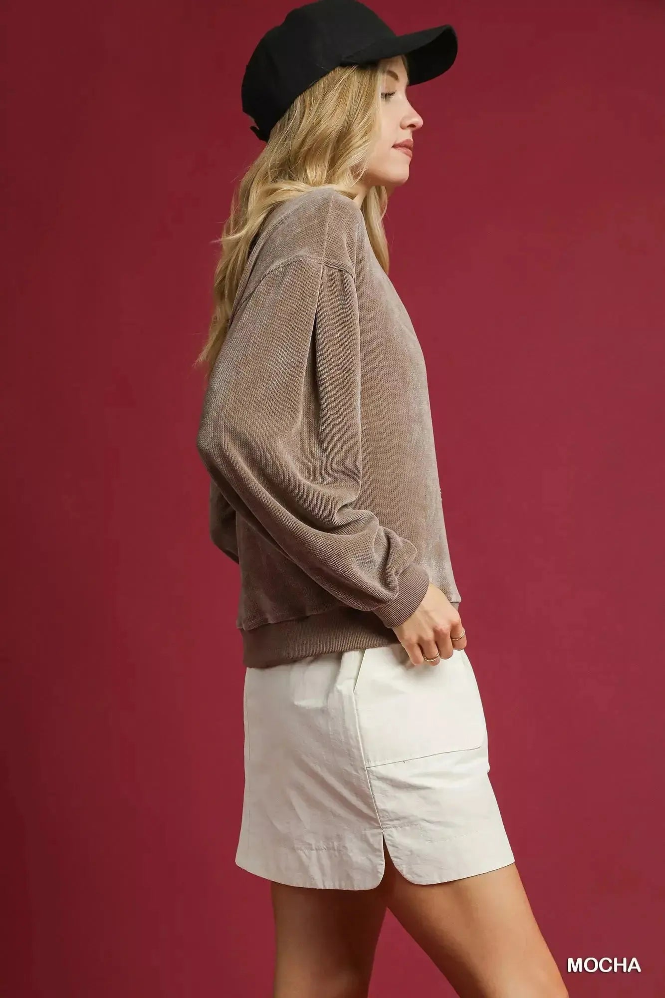 Umgee Velour Crewneck Balloon Sleeve Sweatshirt  Style Ratio