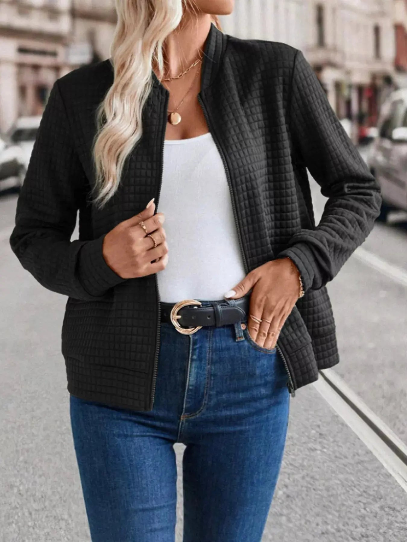 Textured Zip-Up Long Sleeve Jacket  Style Ratio