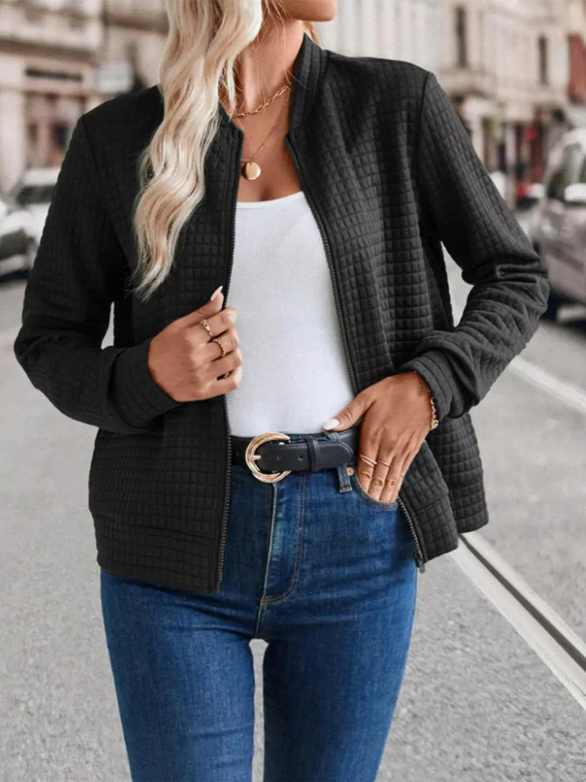 Textured Zip-Up Long Sleeve Jacket  Style Ratio