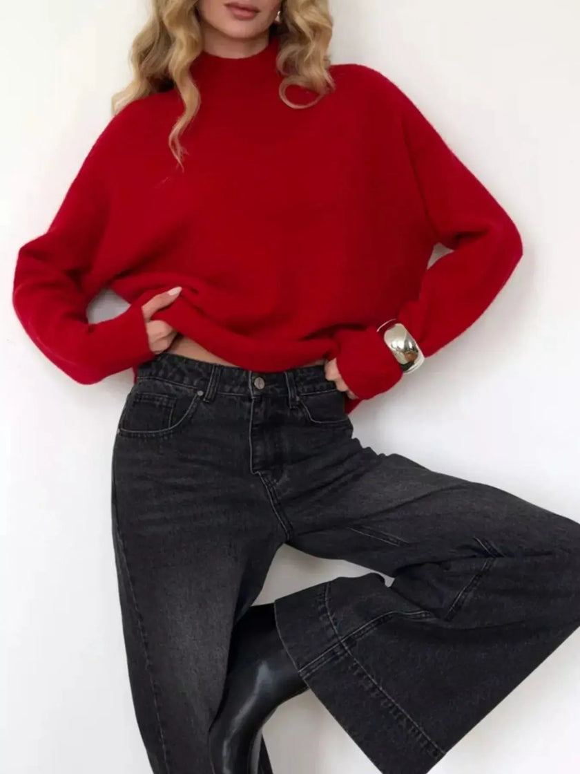 Mock Neck Dropped Shoulder Sweater  Style Ratio