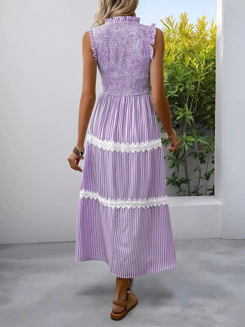 Smocked Striped Lace Trim Sleeveless Midi Dress  Style Ratio