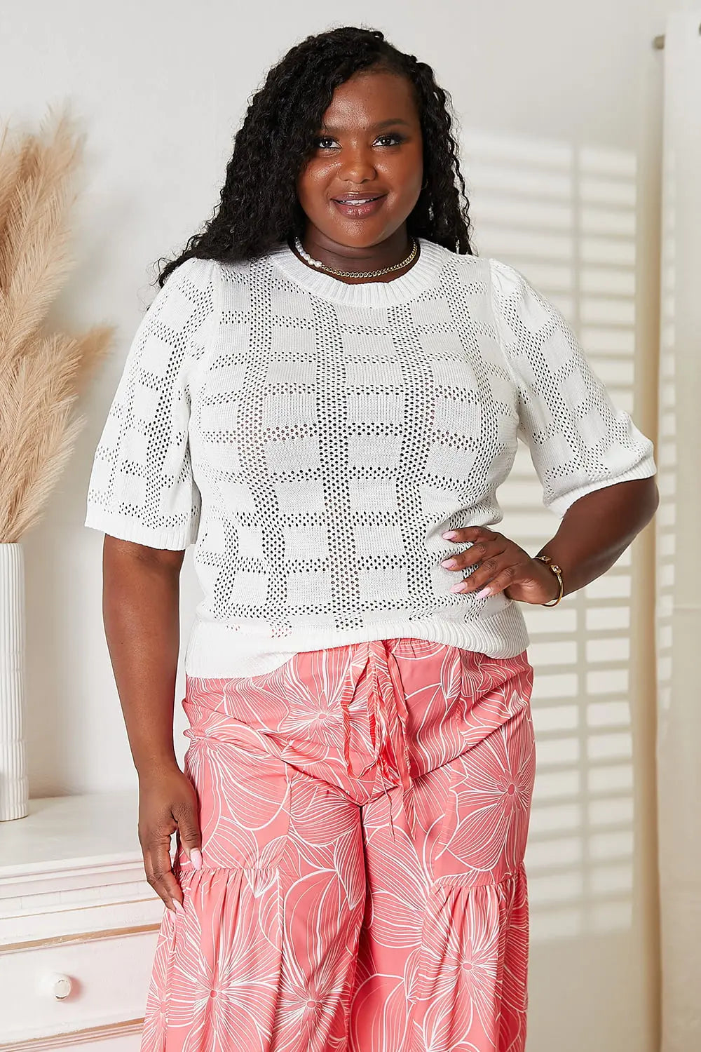 Mandy Ribbed Trim Round Neck Knit Blouse  Style Ratio