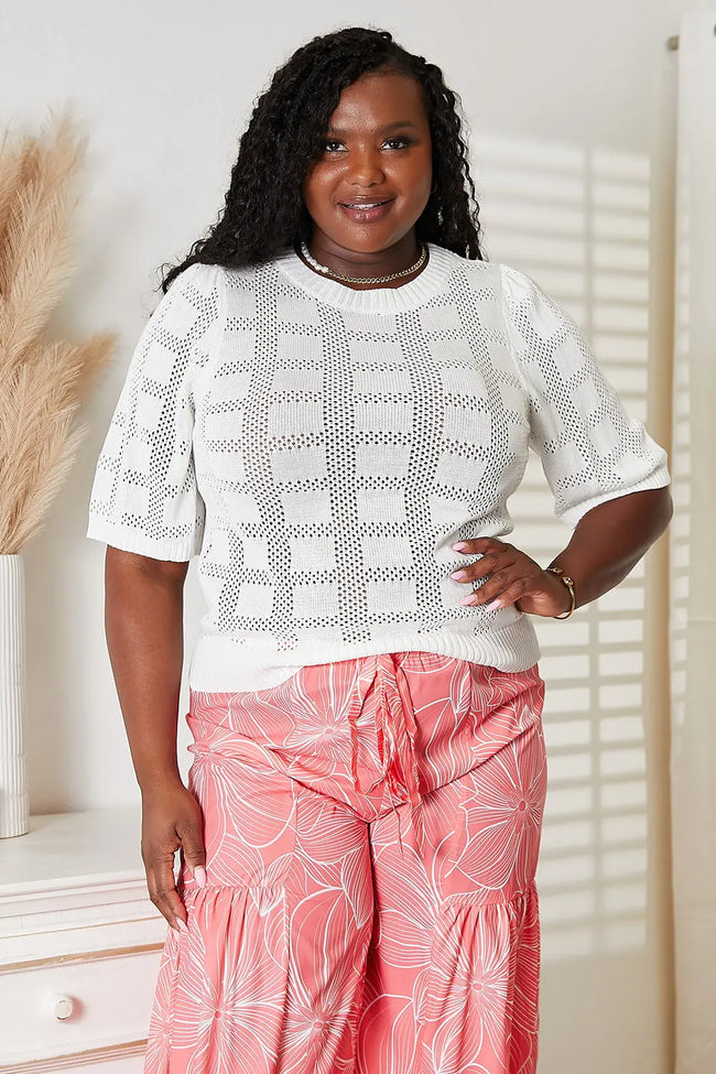 Mandy Ribbed Trim Round Neck Knit Blouse  Style Ratio