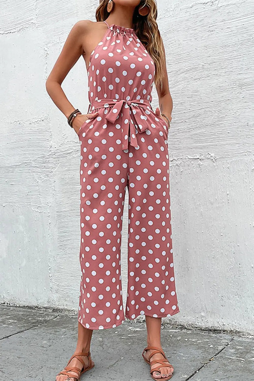 Perfee Polka Dot Grecian Wide Leg Jumpsuit  Style Ratio