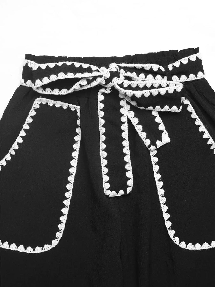 Crochet Trim Tie Waist Wide Leg Pants  Style Ratio