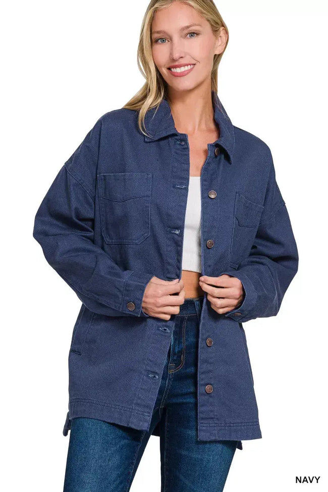 Zenana Oversized Collared Neck Button Front Shackets  Style Ratio