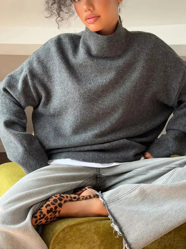 Mock Neck Dropped Shoulder Sweater  Style Ratio