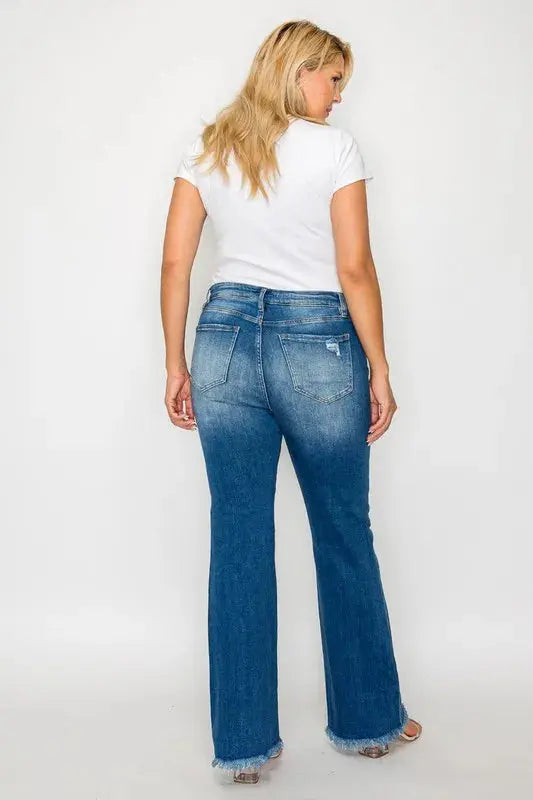 bytos Full Size Raw Hem Distressed High Rise Bootcut Jeans  Style Ratio