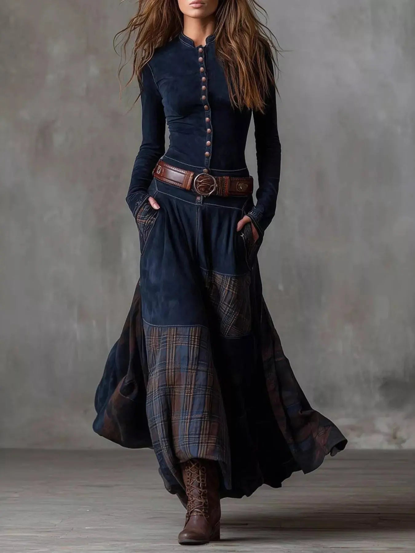 Full Size Plaid Button Front Long Sleeve Dress  Style Ratio