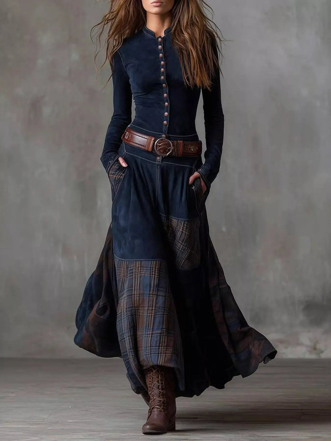 Full Size Plaid Button Front Long Sleeve Dress  Style Ratio