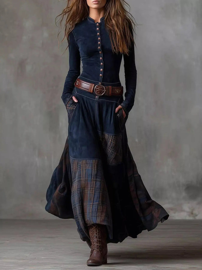 Full Size Plaid Button Front Long Sleeve Dress  Style Ratio