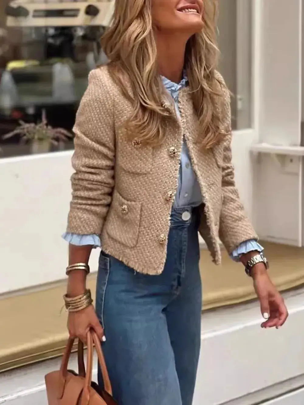 Raw Hem Pocketed Round Neck Jacket  Style Ratio
