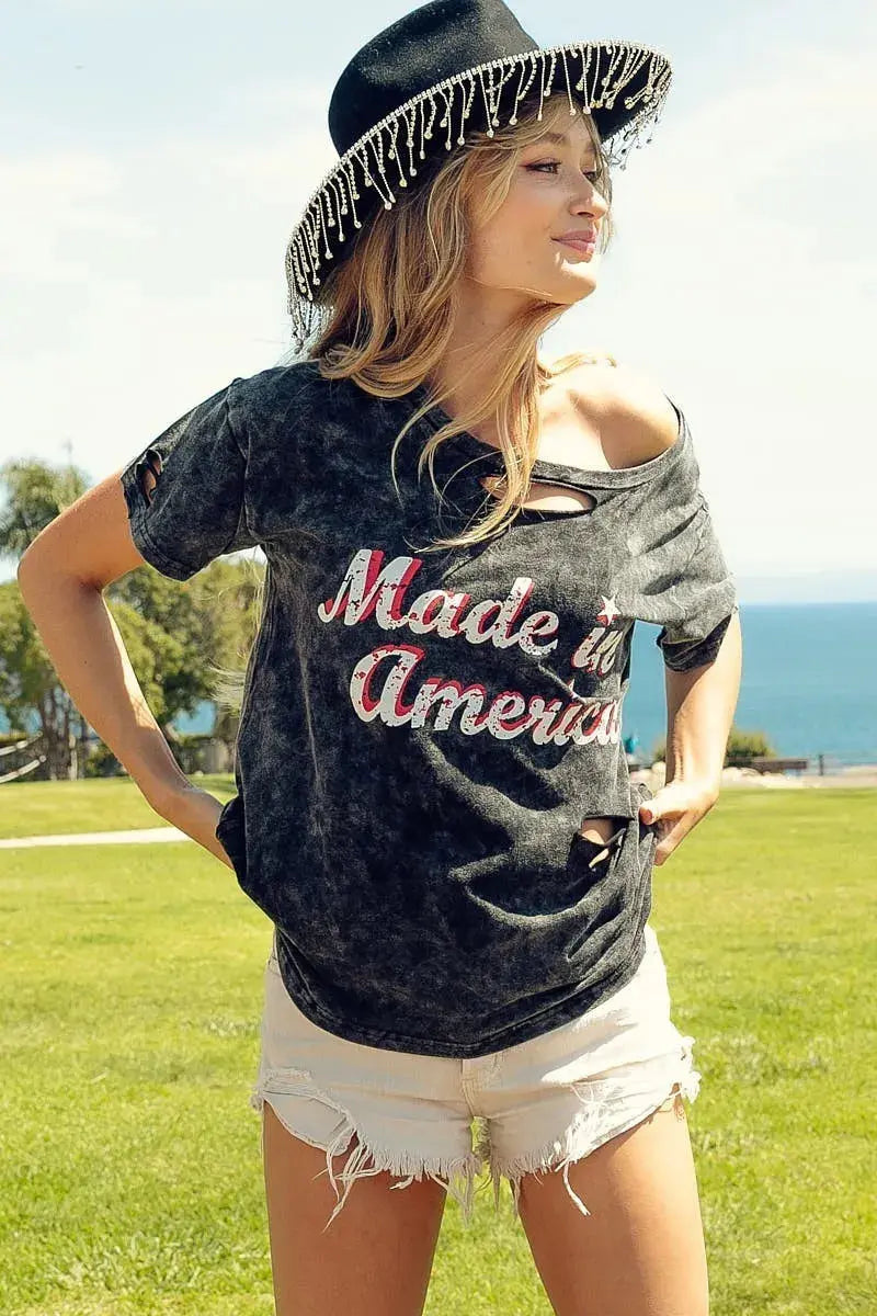 BiBi Laser Cut Mineral Washed America Print Short Sleeve Shirt  Style Ratio