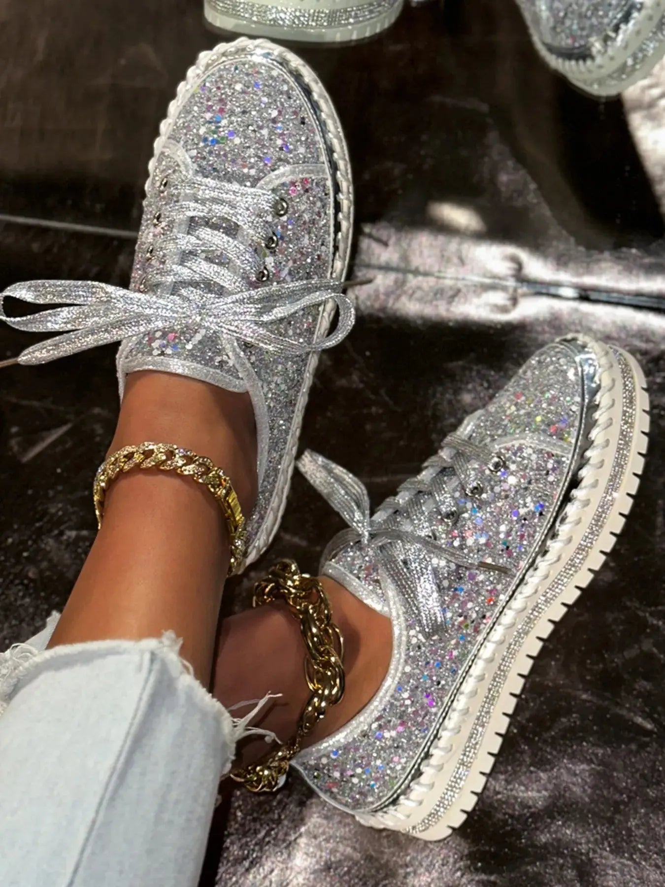 Lace Up Sequin Round Toe Platform Sneakers  Style Ratio