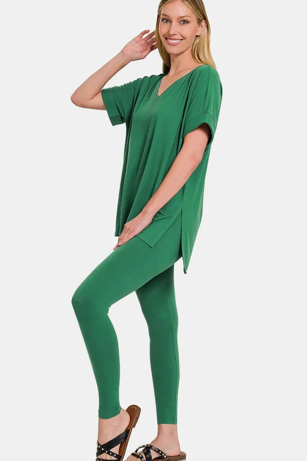 Zenana V-Neck Rolled Short Sleeve T-Shirt and Leggings Lounge Set  Style Ratio