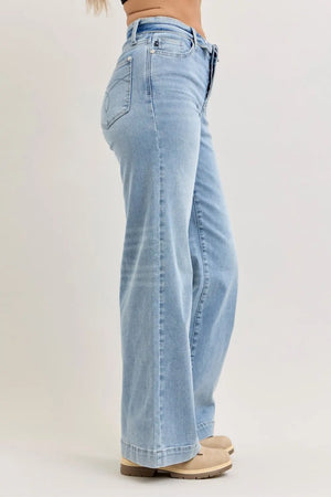 Judy Blue Mid Rise Retro Wide Leg Jeans with Fold-over Waistband - Style Ratio