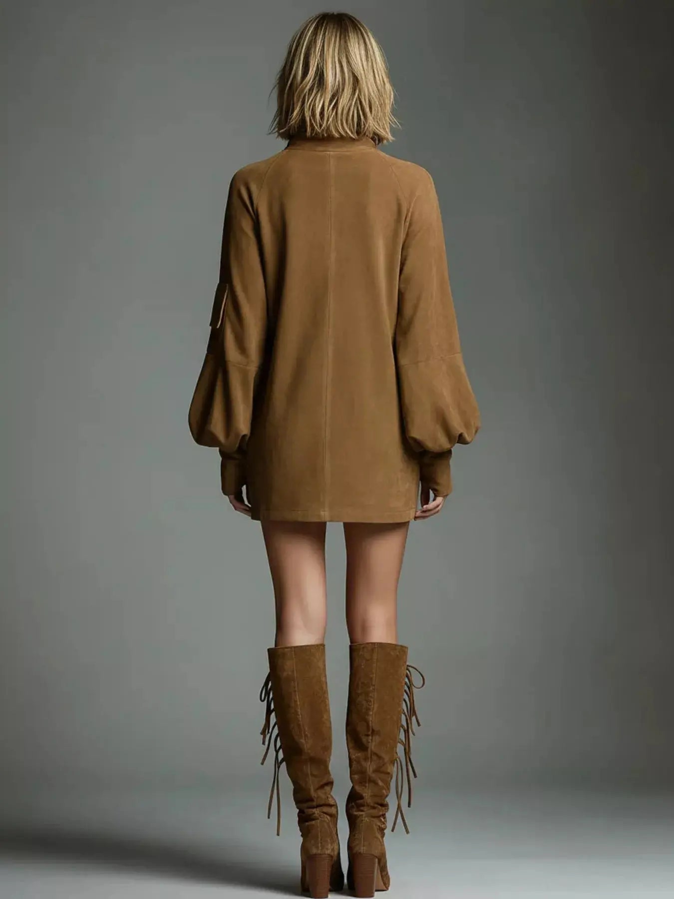 Full Size Suede Turtleneck Lantern Sleeve Mini Dress  Style Ratio