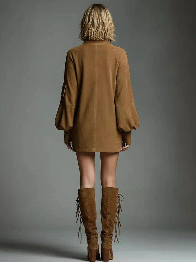 Full Size Suede Turtleneck Lantern Sleeve Mini Dress  Style Ratio