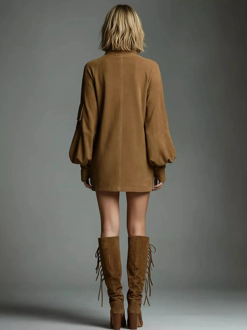 Full Size Suede Turtleneck Lantern Sleeve Mini Dress  Style Ratio