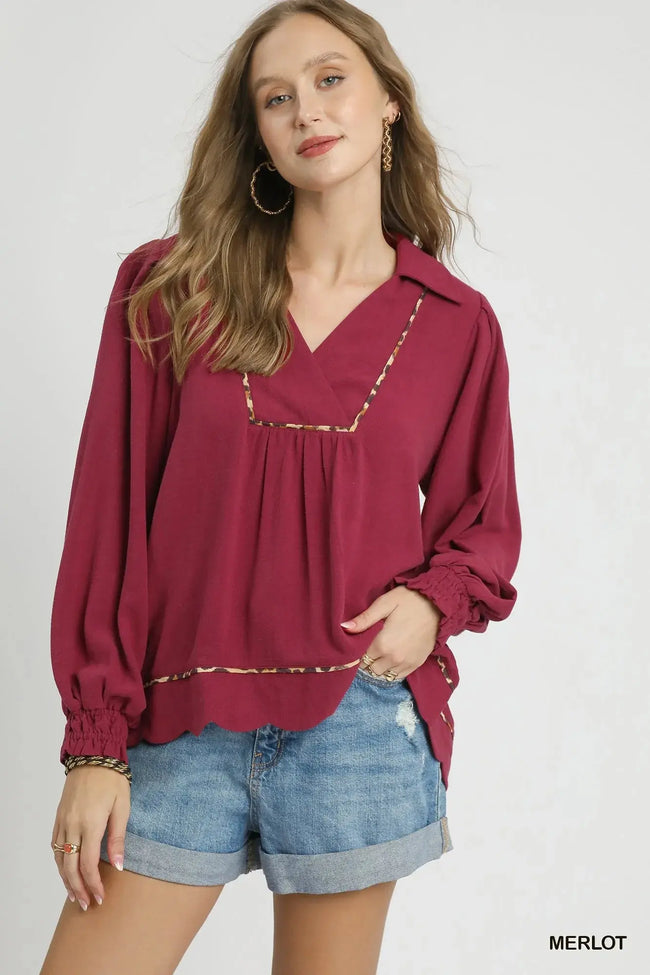 Umgee Full Size Linen Scallop Hem Blouse with Contrast Trim  Style Ratio