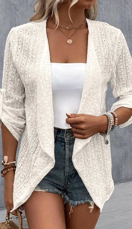 Eyelet Roll-Tab Sleeve Cardigan  Style Ratio