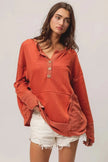 BiBi French Terry Knit Side Block Buttoned Henley Sweatshirt  Style Ratio