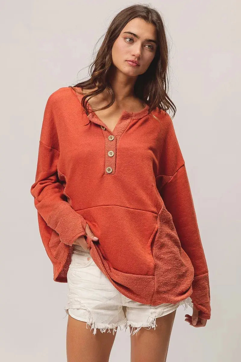 BiBi French Terry Knit Side Block Buttoned Henley Sweatshirt  Style Ratio