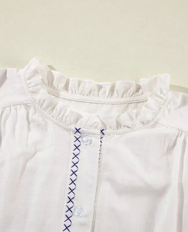 Frill Floral Embroidered Sleeve Blouse  Style Ratio