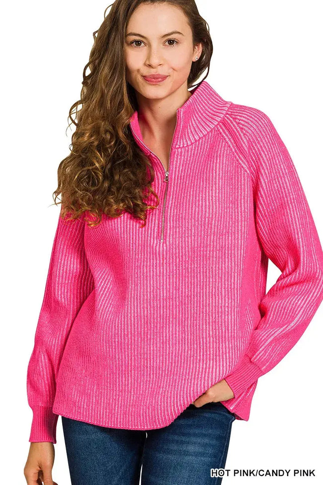 Zenana Ribbed Two Tone Half Zip Sweater  Style Ratio