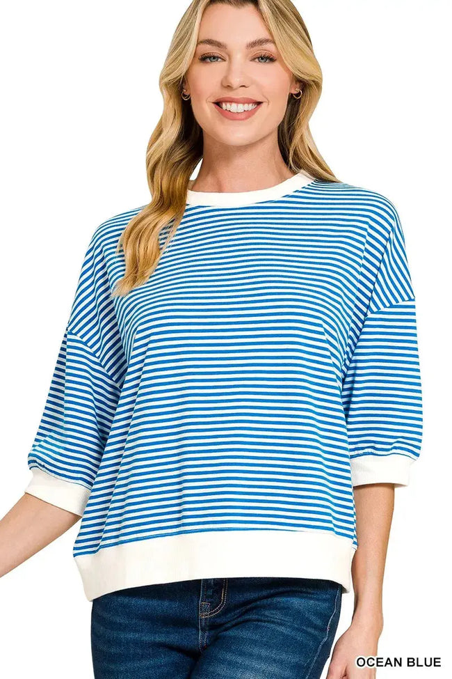 Zenana Striped Contrast Trim Banded Bottom Top  Style Ratio