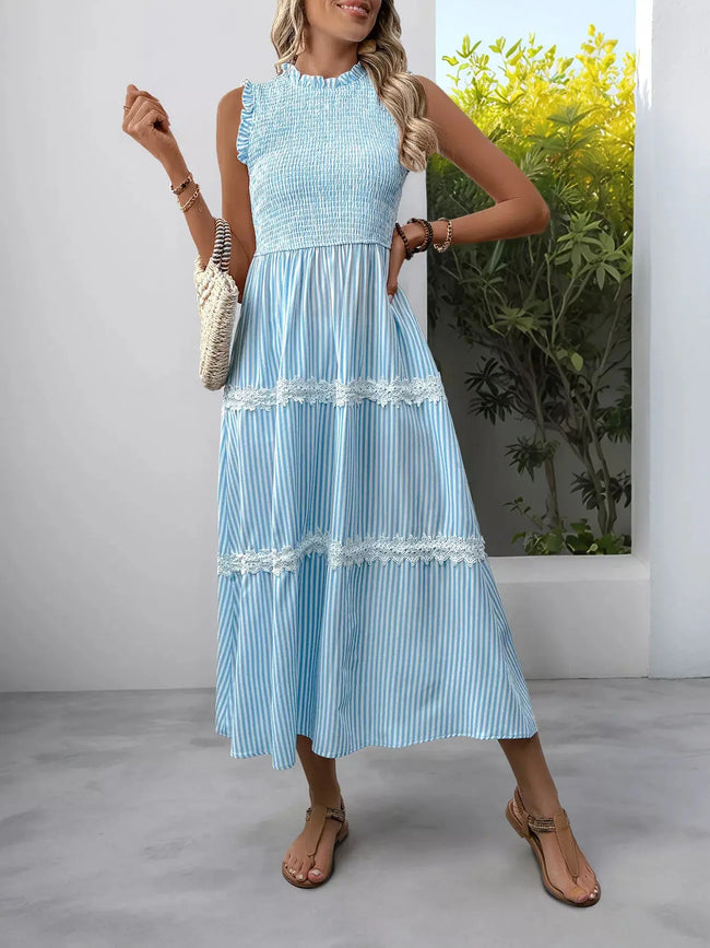 Striped Smocked Sleeveless Tiered Midi Dress  Style Ratio