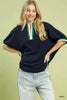 Umgee Textured Knit Top with Striped Contrast Trim  Style Ratio
