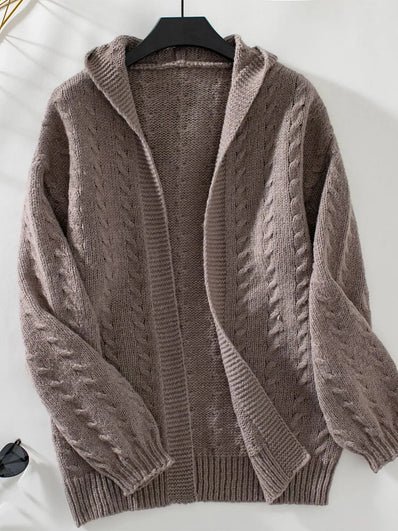 Cable Knit Open Front Hooded Cardigan  Style Ratio