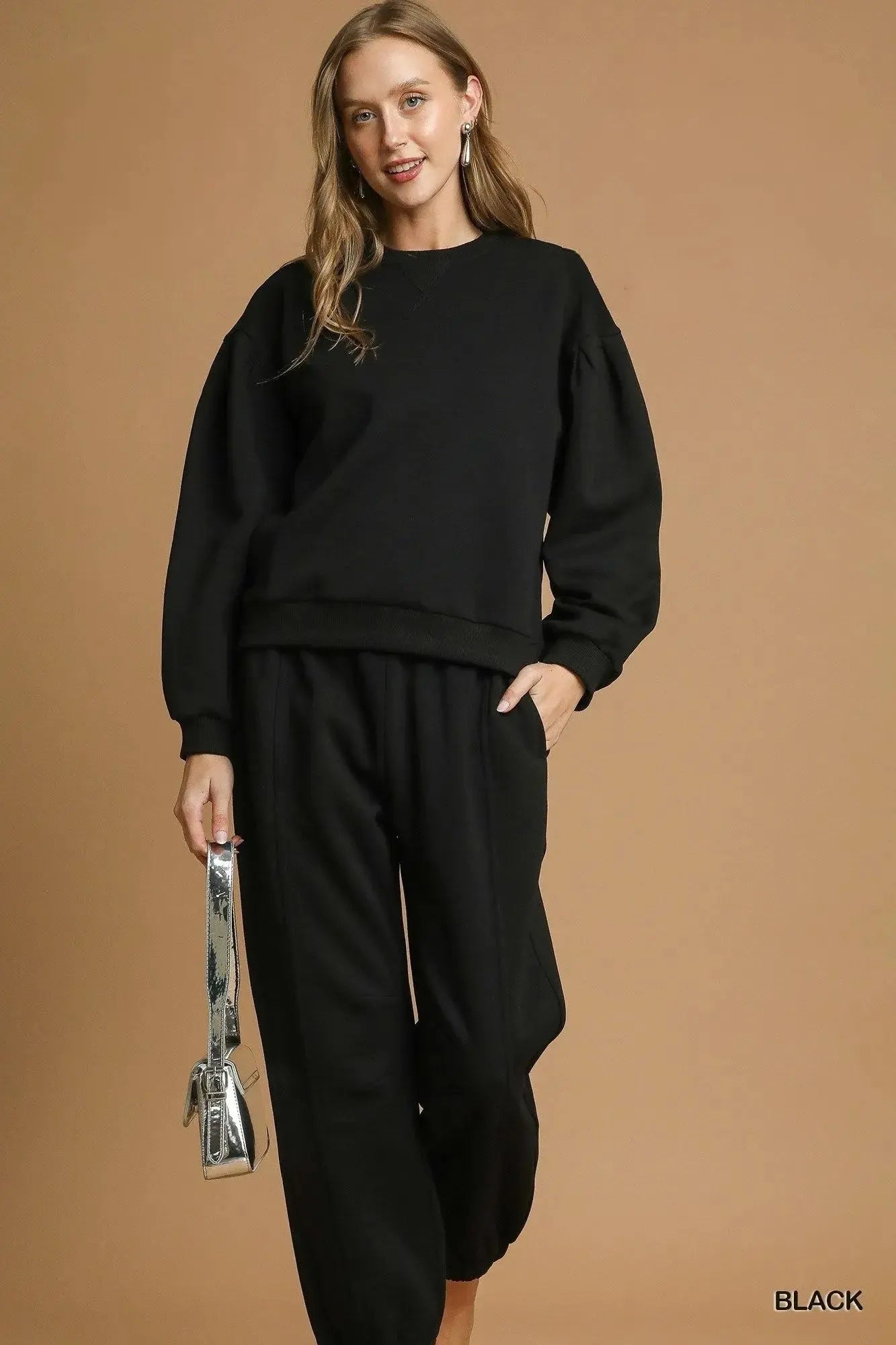 Umgee Round Neck Sweatshirt with Pleated Detail  Style Ratio