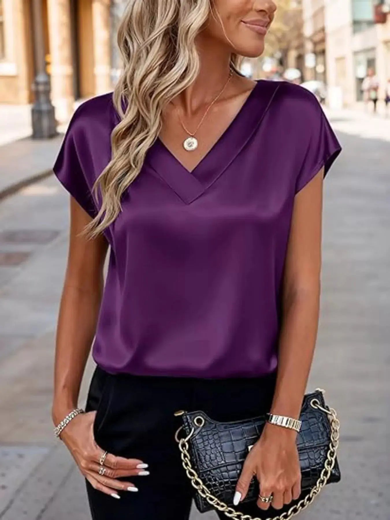 Satin V-Neck Short Sleeve Blouse  Style Ratio