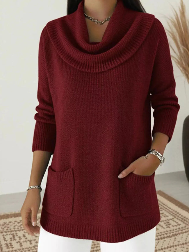 Full Size Cowl Neck Long Sleeve Sweater with Pockets  Style Ratio
