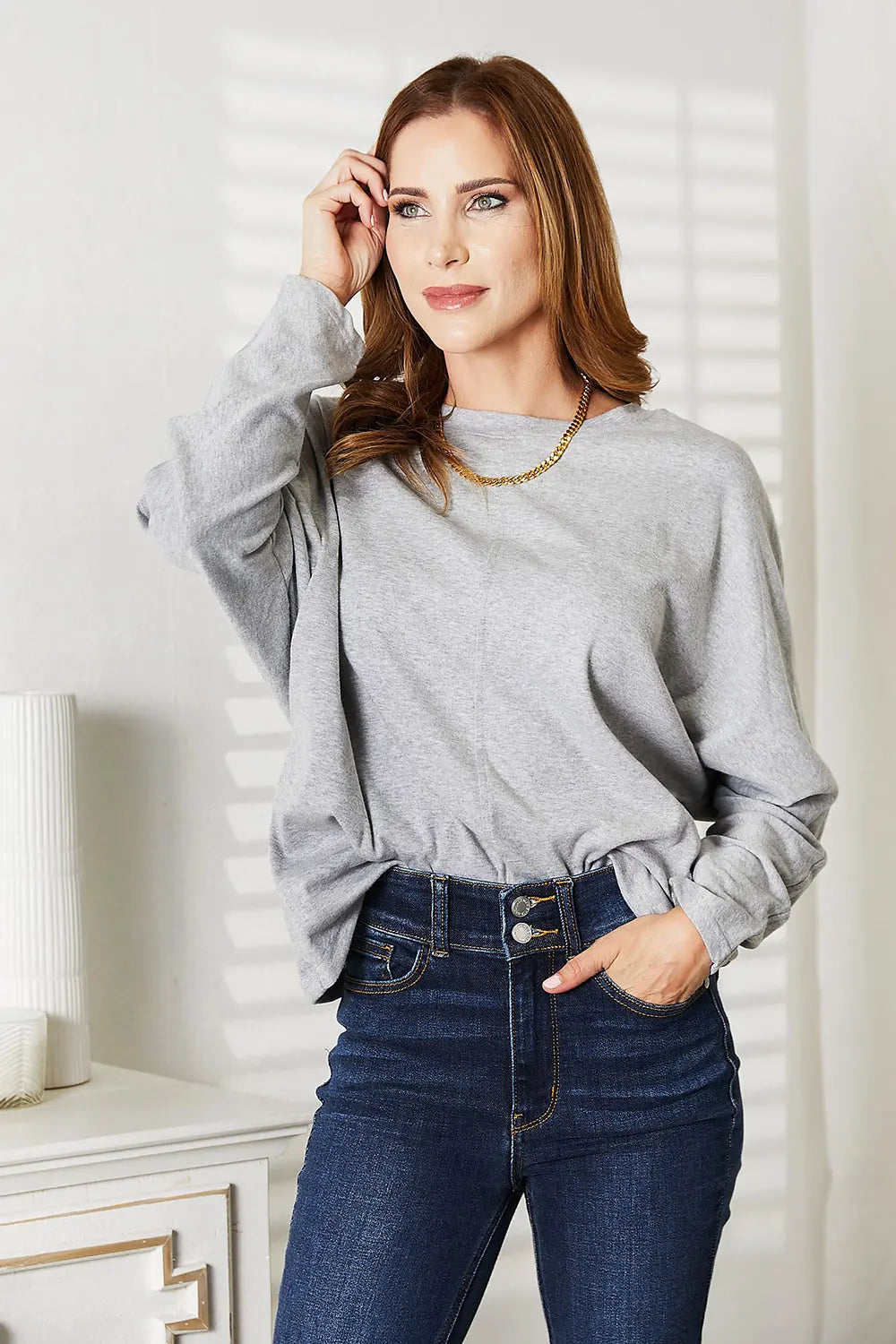 Double Take Seam Detail Round Neck Long Sleeve Top  Style Ratio