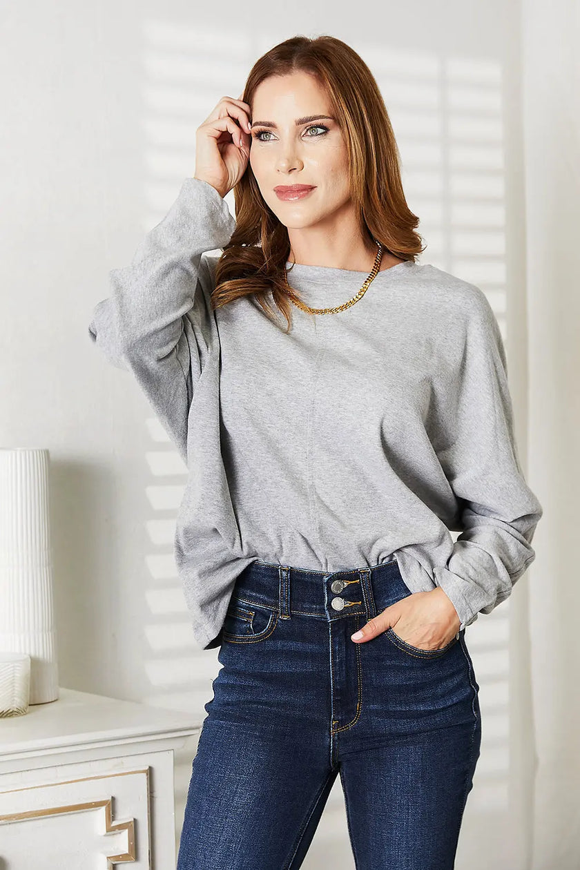 Double Take Seam Detail Round Neck Long Sleeve Top  Style Ratio