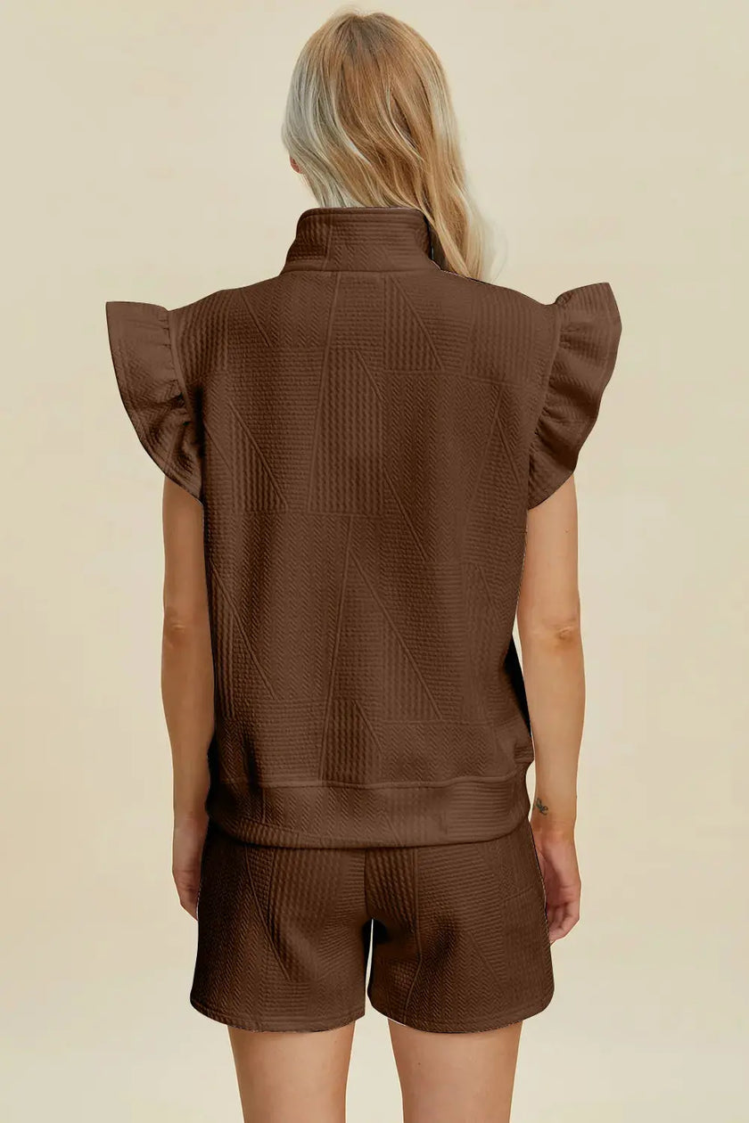 Double Take Full Size Texture Flounce Sleeve Top and Shorts Set  Style Ratio