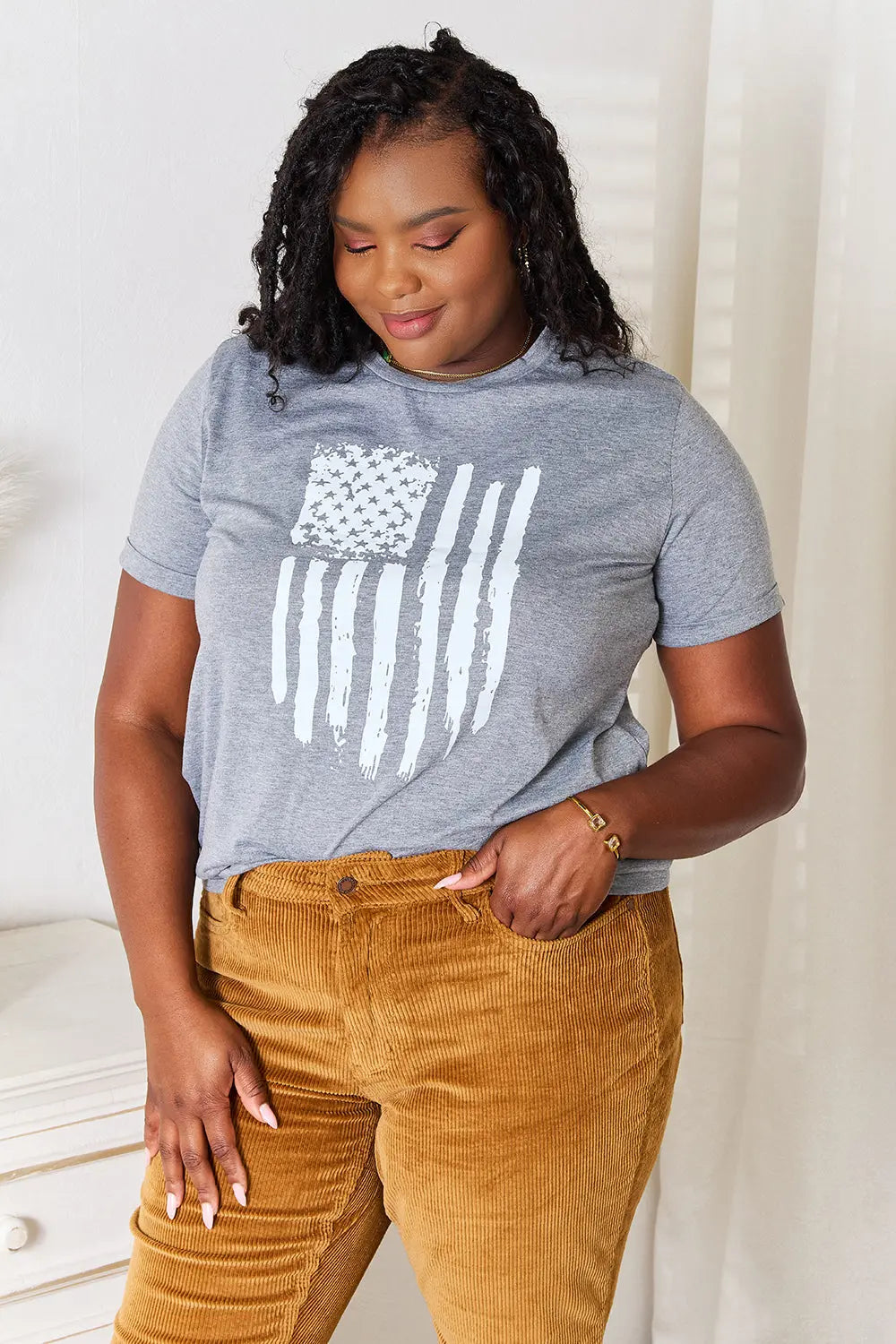 Simply Love US Flag Graphic Cuffed Short Sleeve Shirt  Style Ratio