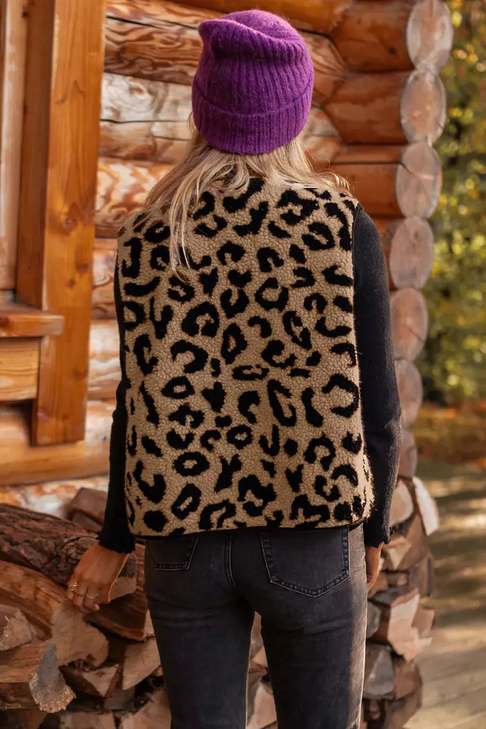 Leopard Print Sherpa Fleece Vest Coat  Style Ratio