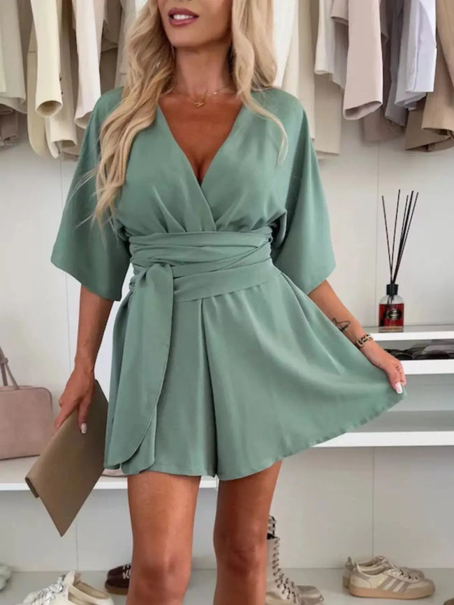 Full Size Surplice Tie Waist Romper  Style Ratio