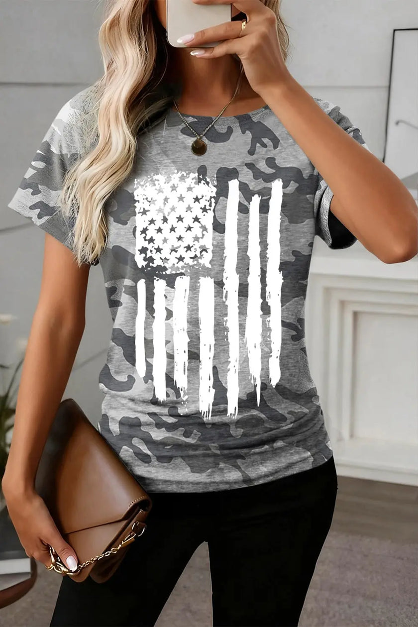 Camouflage Retro American Flag Printed Short Sleeve Shirt  Style Ratio
