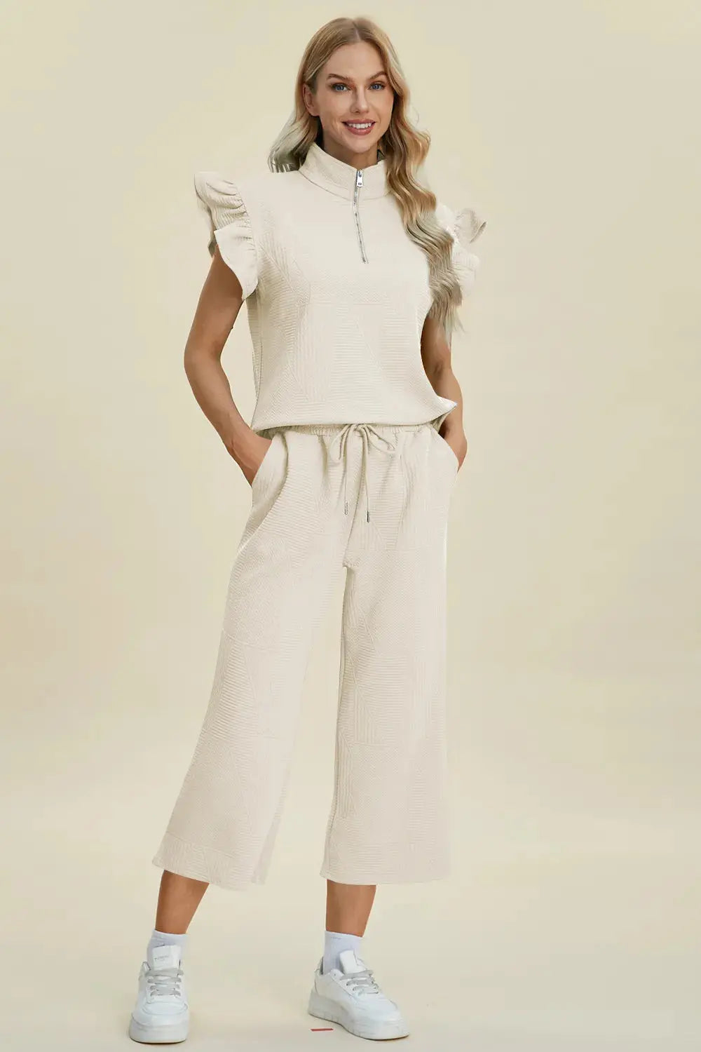 Double Take Full Size Texture Ruffle Short Sleeve Top and Wide Leg Pants Set  Style Ratio