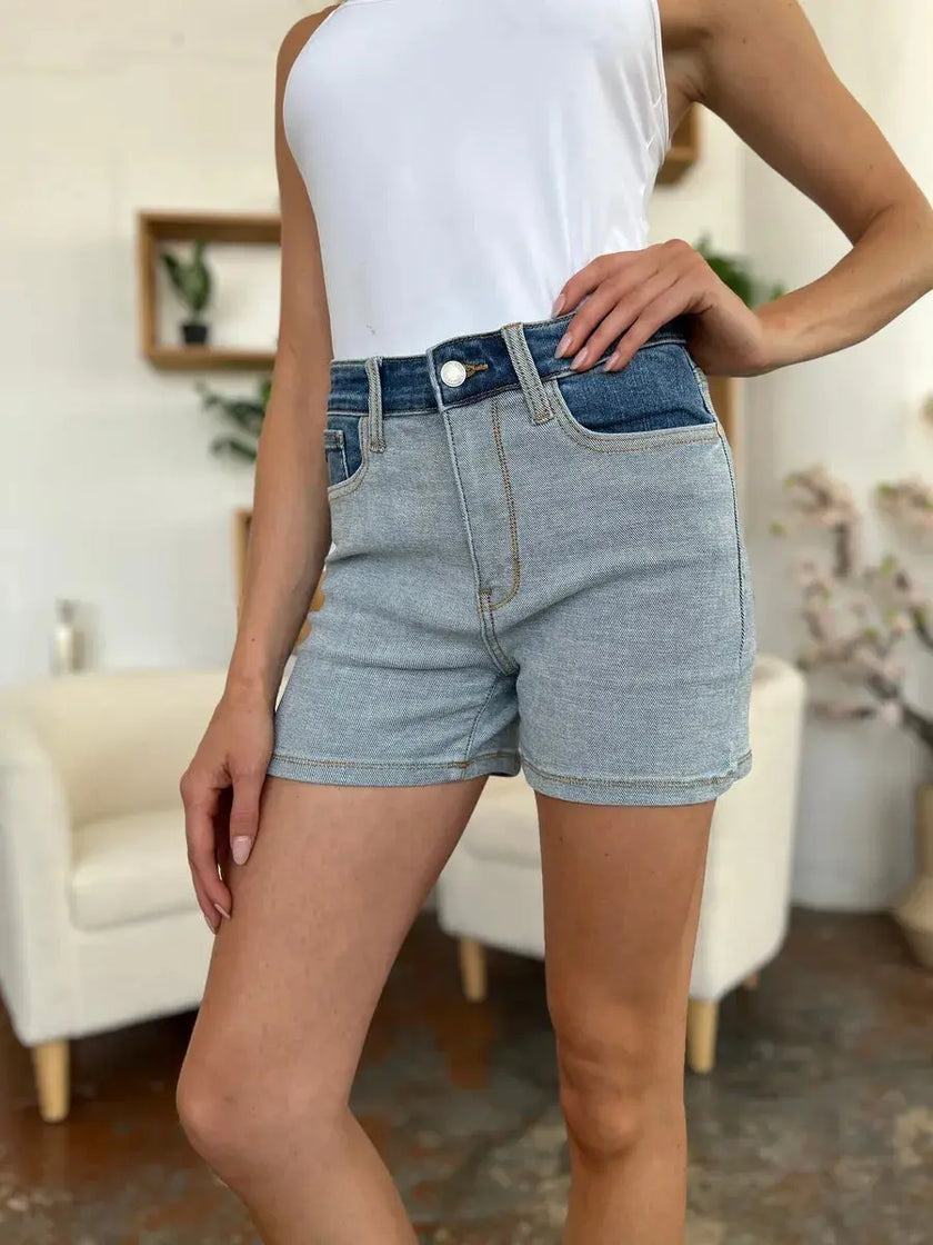 Judy Blue Full Size Color Block Denim Shorts  Style Ratio