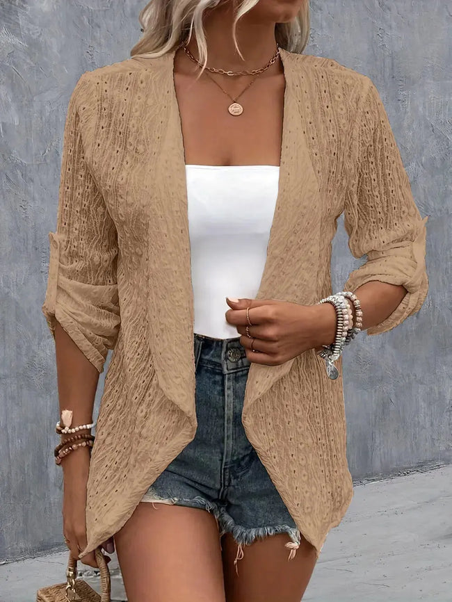 Eyelet Roll-Tab Sleeve Cardigan  Style Ratio