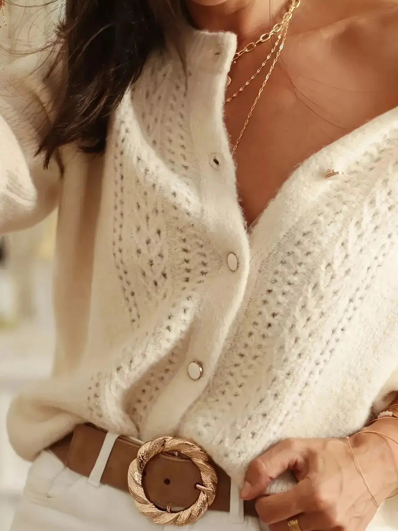 Button-Down Eyelet Long Sleeve Cardigan  Style Ratio