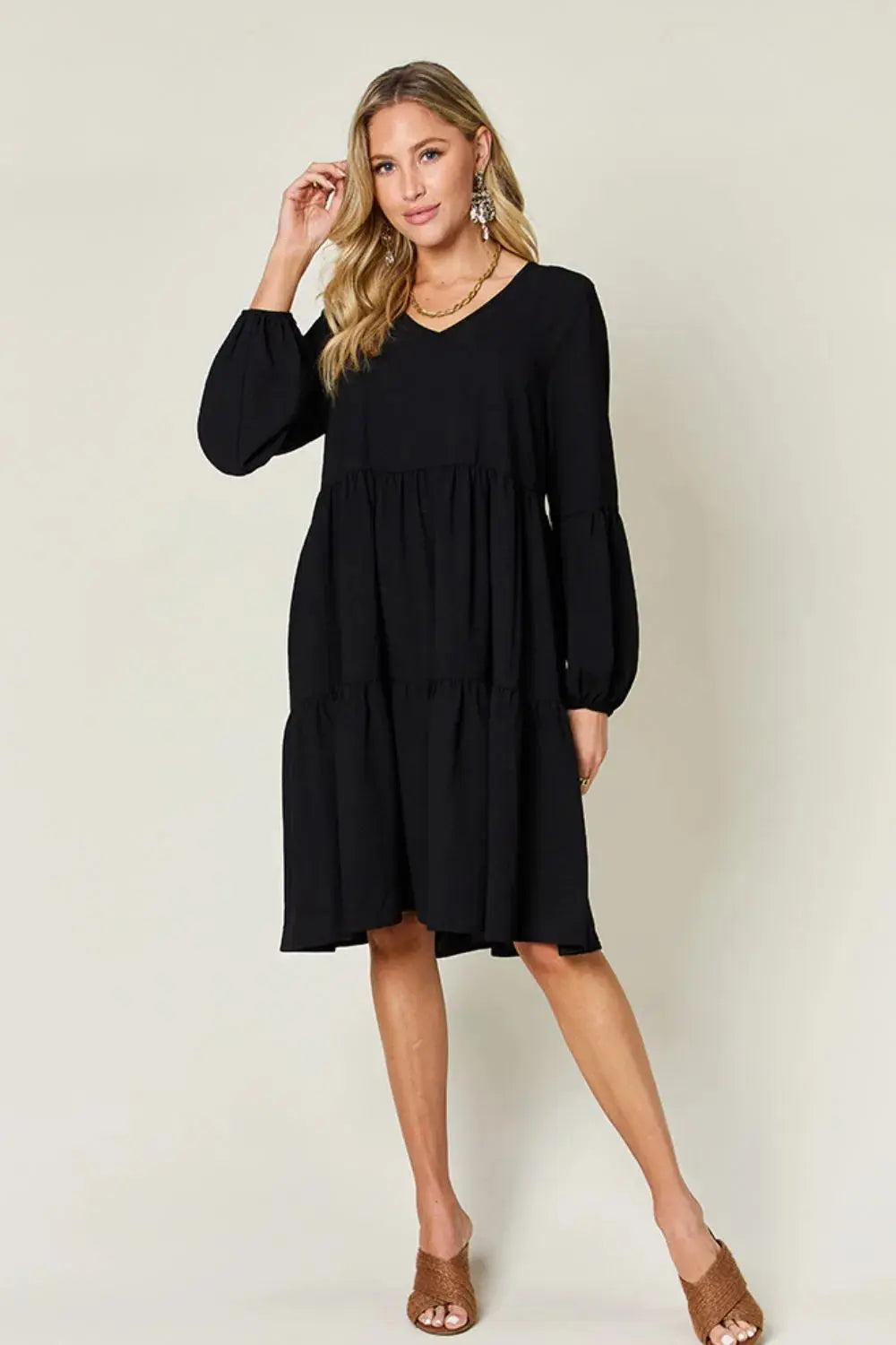 Double Take Full Size V-Neck Balloon Sleeve Tiered Dress with Pockets  Style Ratio